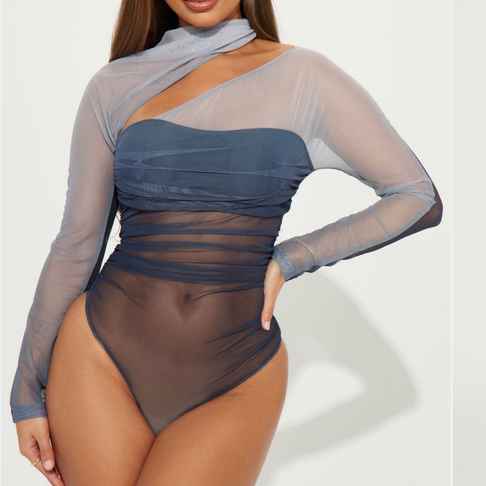 NWT Fashion Nova Sheer Blue Long Sleeve Bodysuit